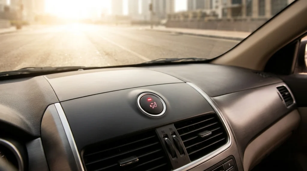 Araç dashboard üzerinde yanan klima düğmesi ve sıcak yaz manzarası