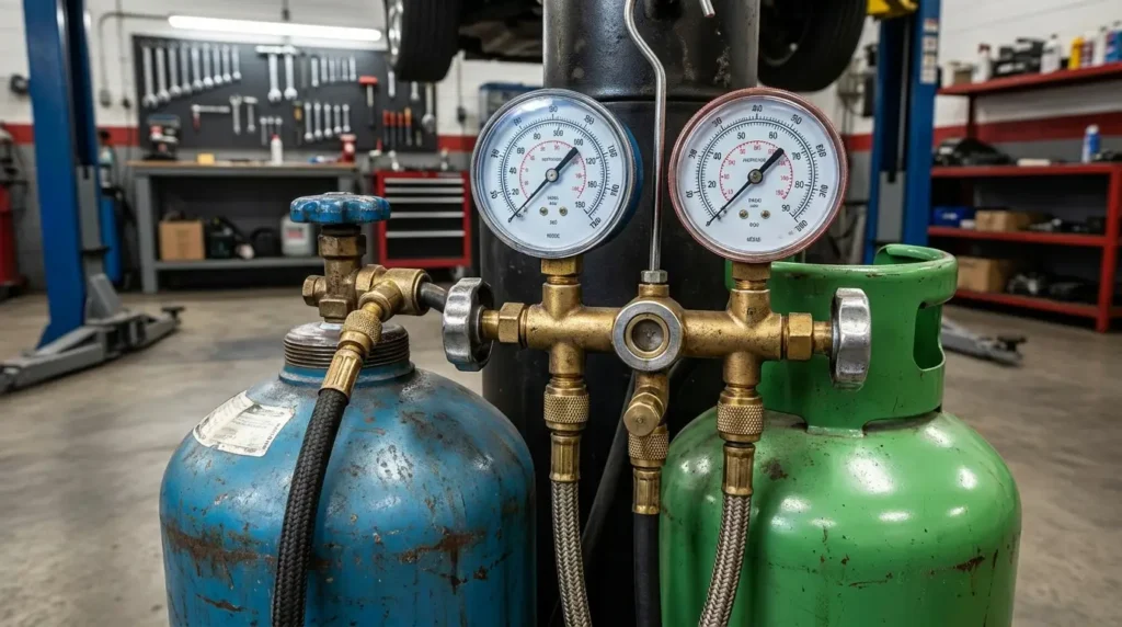 Klima gazı dolum istasyonu, manometre göstergeleri ve iki farklı tipte gaz tankı