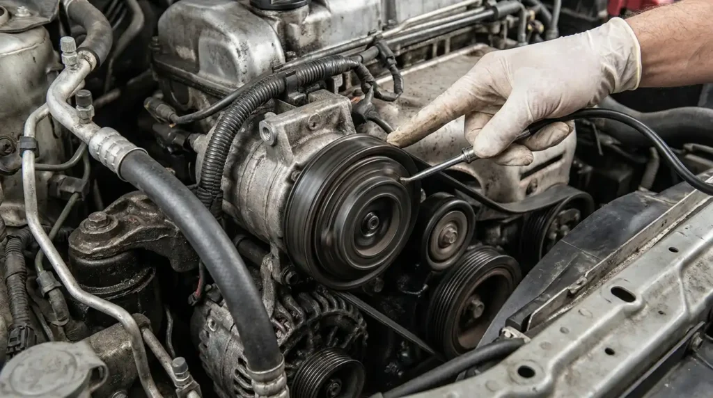 Kaputun altında kompresör kasnağına yakın çekim, kayış ve servis aleti